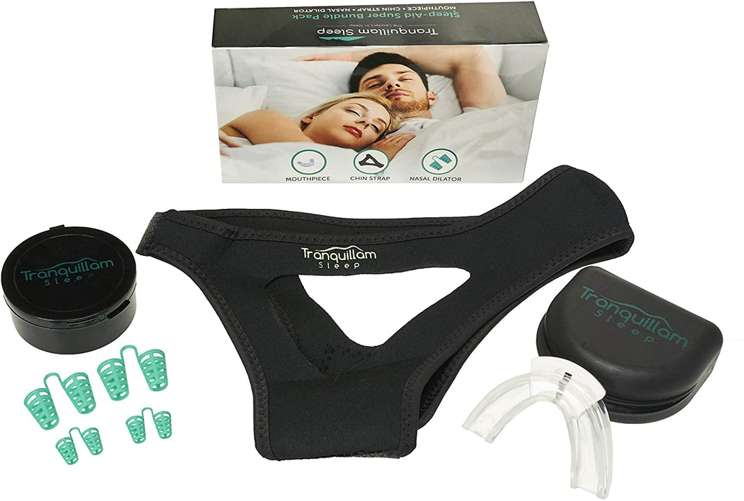 Super Sleep Bundle Pack - 3 Piece - Mouth Guard - Nasal Dilator - Sleep Mask Chin Strap - Adjustable and Comfortable - Eliminate Grinding - Better Mouth Health - Sleeping Tranquility